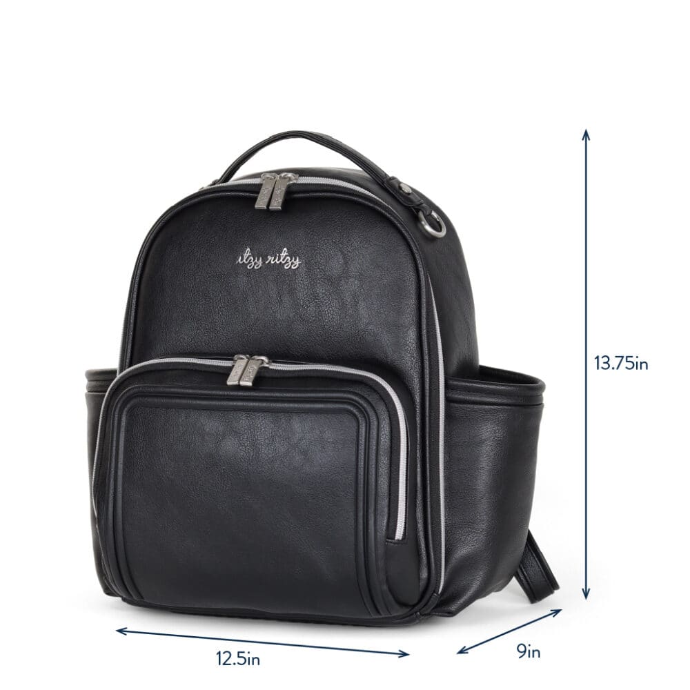 A black leather-look backpack with various compartments, silver zippers, and measurements listed as 13.75 inches tall, 9 inches wide, and 12.5 inches long.