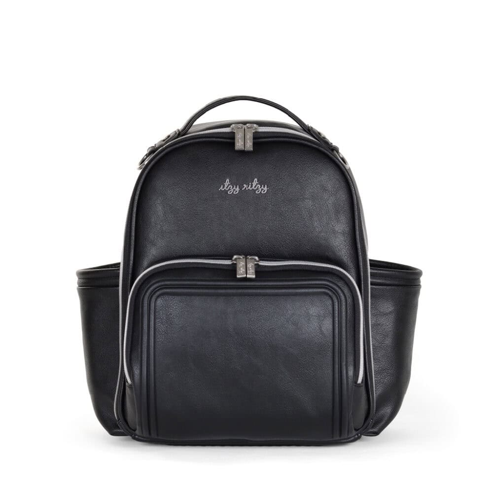 A black leather backpack with two side pockets and a front pocket, featuring silver zippers and a small embroidered logo on the front.