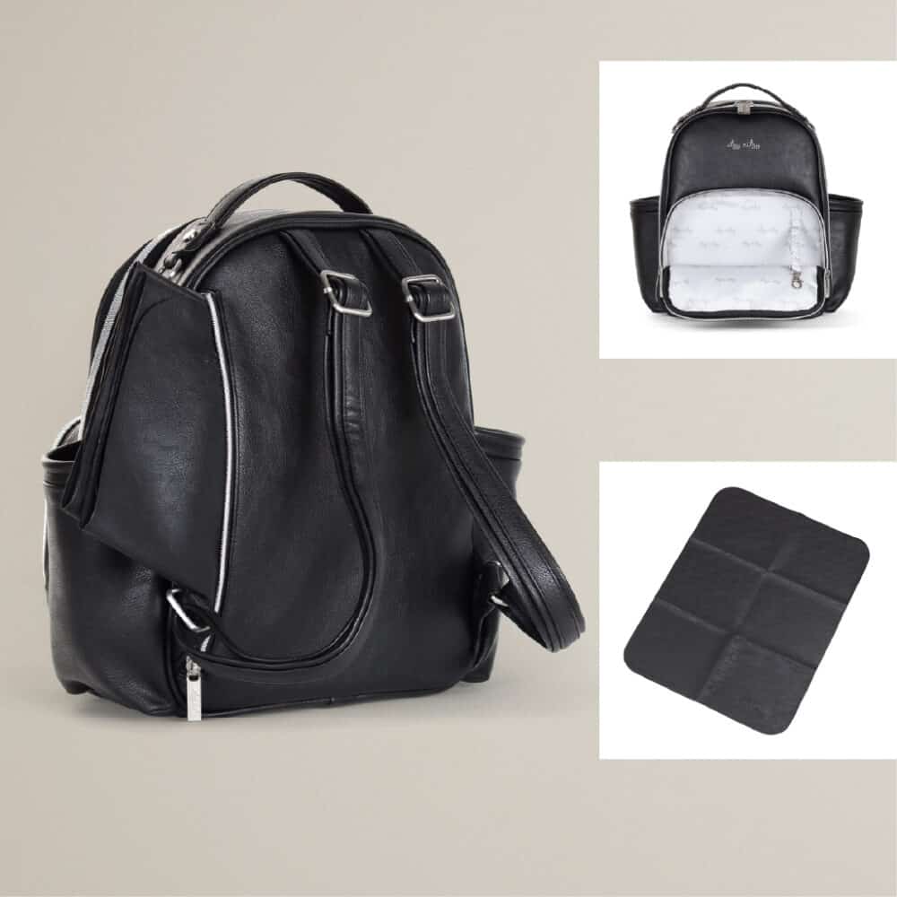 Black leather backpack with a silver zipper, shown alongside a black and grey patterned front pocket detachable bag and a square black leather mat.