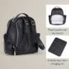 A black leather diaper bag with a parent pocket, key lanyard, and an easy-clean changing pad shown separately.