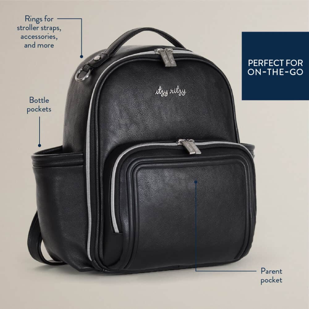 Black backpack with compartments labeled for bottle pockets, stroller strap rings, and a parent pocket. Text reads "PERFECT FOR ON-THE-GO.