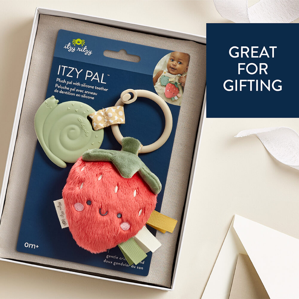 Baby's Itzy Ritzy - Itzy Pal - Plush Pal Infant Toy with Silicone Teether with ribbons in packaging, labeled as "great for gifting," displayed in a gift box.