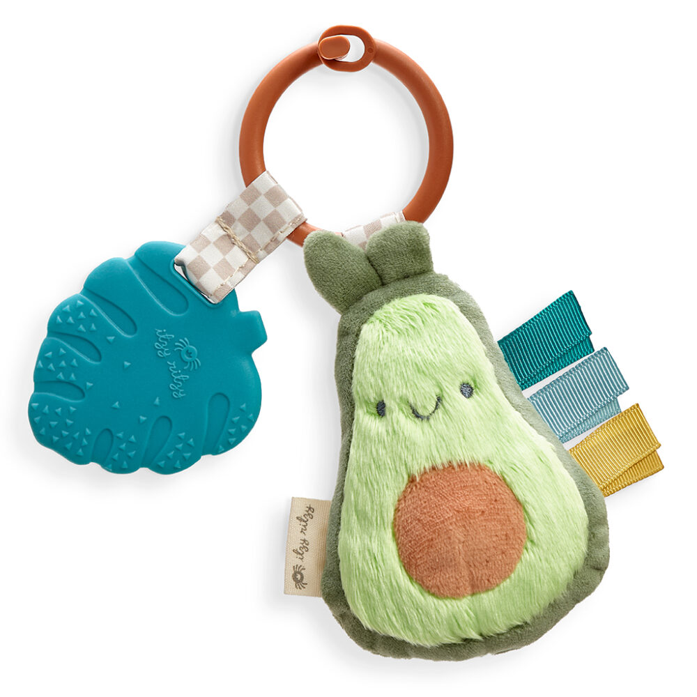 A plush Itzy Ritzy - Itzy Pal toy with a textured blue leaf teether and colorful ribbon tags, attached to a ring.