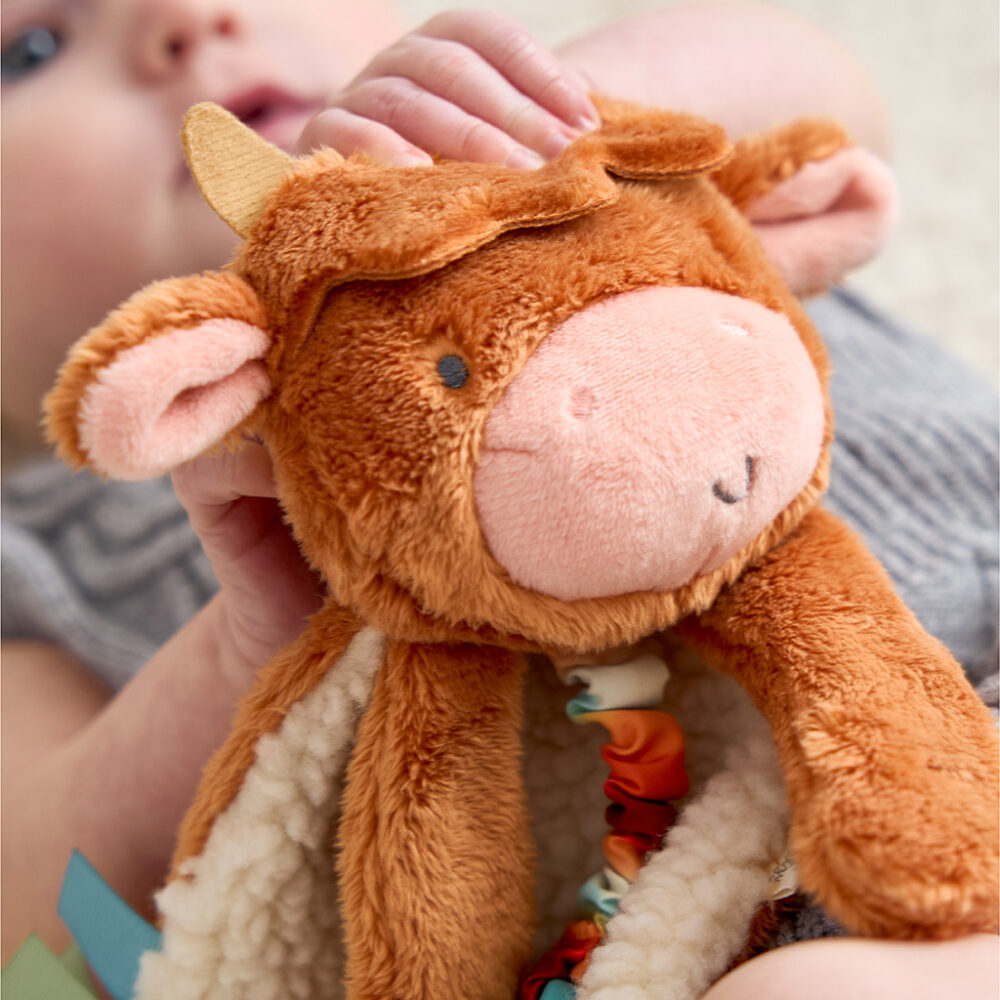 A close-up shows a baby holding a brown, plush toy cow. The toy has a round face, small horns, and floppy ears. The baby’s hand is visible, gripping the toy’s head.