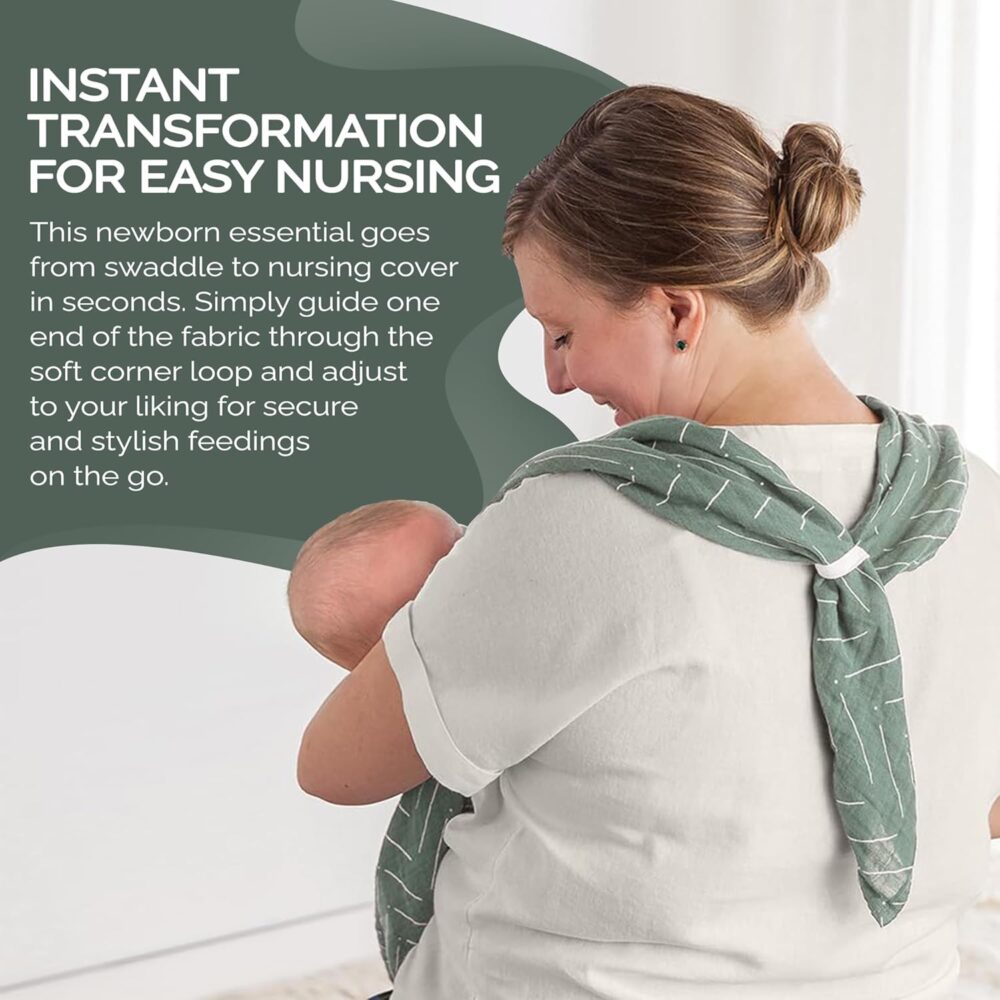 A woman holds a baby while wearing the Breastfeeding Boss—a green cloth looped over her shoulder—demonstrating how it can be easily transformed from a swaddle into a nursing cover. Text on the image reads: "Instant transformation for easy nursing.