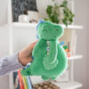 A person holds a green dinosaur stuffed toy in a room with white shelves. The shelves contain books, plants, and decorative items.