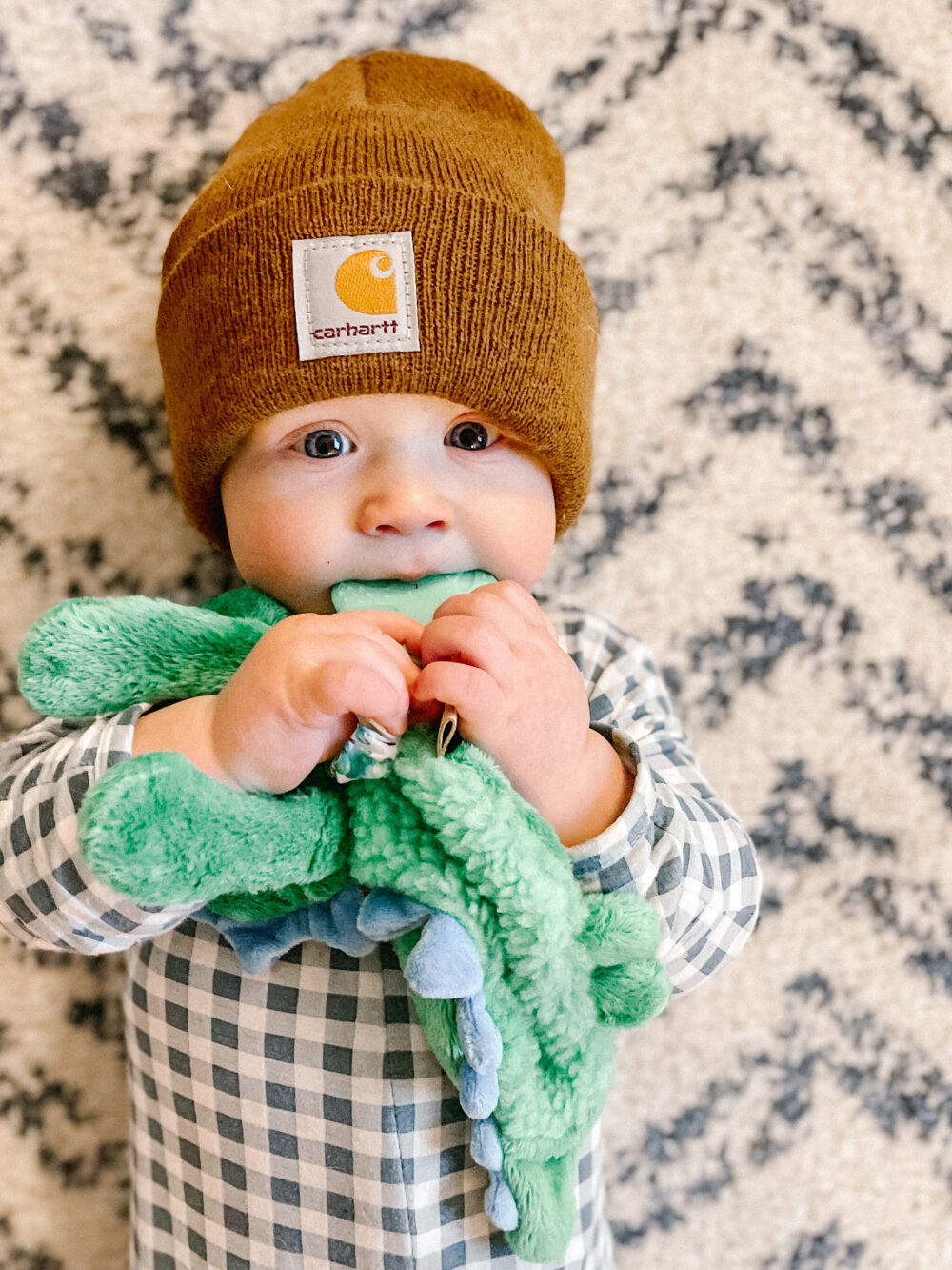 A baby wearing a brown beanie and a checkered shirt holds a green plush toy and looks at the camera, standing in front of a patterned background.