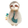 A plush sloth toy holding a textured blue leaf teether, with colorful tags on its side, against a white background.