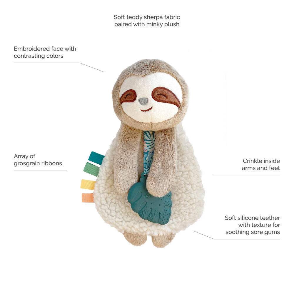 A plush sloth toy with embroidered facial features, an array of colorful grosgrain ribbons, crinkle arms and feet, soft teddy sherpa fabric, and a soft silicone teether.