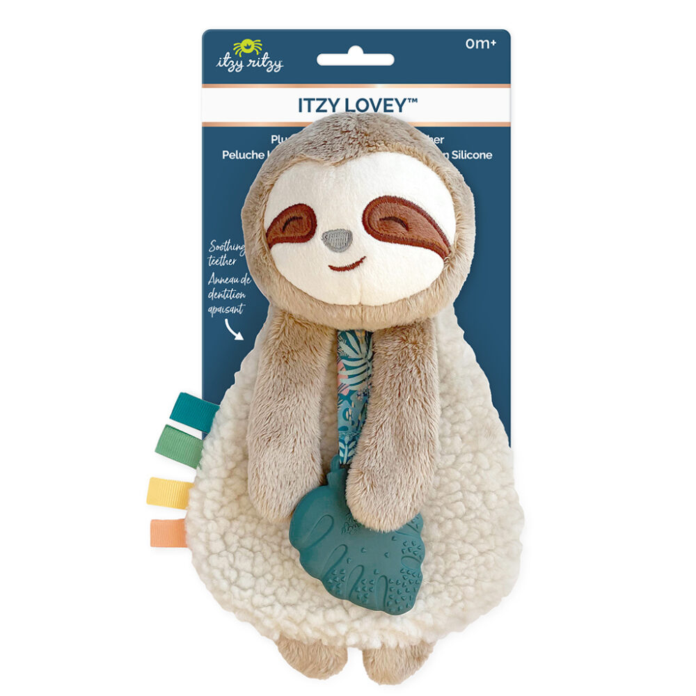 Plush sloth toy from Itzy Ritzy with a silicone leaf teether, colorful fabric tags, and soft fur. Suitable for newborns (0m+). Packaging is visible.