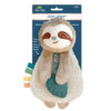 Plush sloth toy from Itzy Ritzy with a silicone leaf teether, colorful fabric tags, and soft fur. Suitable for newborns (0m+). Packaging is visible.