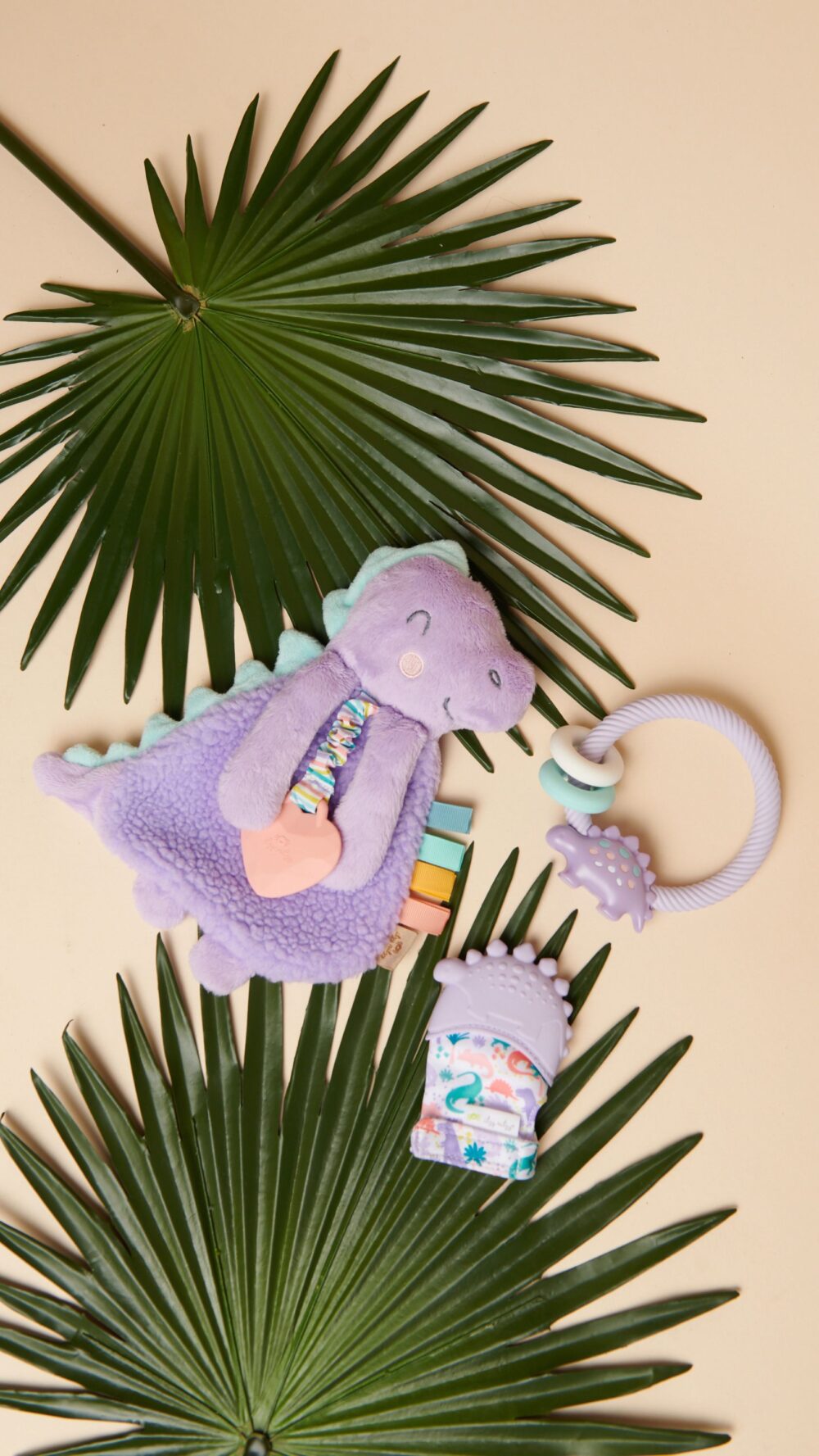 A plush purple dinosaur toy, a baby teething ring, and a baby mitten with rainbow designs are placed on green palm leaves set against a beige background.