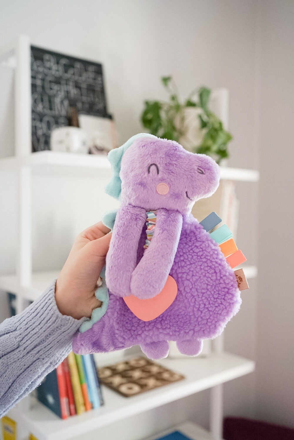 A hand is holding a purple stuffed toy shaped like a dinosaur with a small orange heart on its belly. The background shows white shelves with books and a plant.