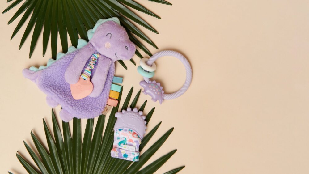 A collection of baby toys: a purple plush dinosaur, a teething ring with colorful beads, and a pacifier clip with a dinosaur design, all placed on green palm leaves against a beige background.