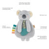 Stuffed koala toy with plush ears, embroidered face, a teether, crinkly arms and feet, and colored ribbons. Made of soft teddy sherpa fabric and minky plush.