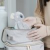 A person is placing a small stuffed koala toy into a gray herringbone-patterned travel case.