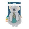 Gray plush toy in the shape of a koala with a rattle and teether, packaged and labeled "Itzy Lovey." Suitable for infants.