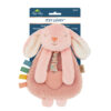 A soft pink plush toy resembling a bunny, labeled "Itzy Lovey" by Itzy Ritzy, with a teething ring and attached colorful fabric tags. Suitable for infants.