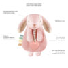 Plush pink bunny toy with embroidered face, soft plush ears, crinkle arms and feet, an array of grosgrain ribbons, and a soft silicone teether attached to a rattle heart.