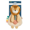 A plush lion toy for infants with a fluffy mane, colorful fabric tags on the side, and a heart-shaped silicone teether attached, packaged on a blue cardboard backer.