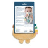 Back of a product packaging showing a child holding a plush lion toy. The packaging details and product information are written on it. The toy's yellow fur and leg details are partially visible.