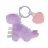 A Itzy Ritzy - Itzy Pal - Plush Pal infant toy with a silicone teether in the shape of a purple dinosaur, with a ring and a pink heart attached, isolated on a white background.