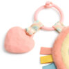 Itzy Ritzy - Itzy Pal - Plush Pal Infant Toy with Silicone Teether with pink handle and heart-shaped attachment, accompanied by colorful ribbons and a plush yellow fabric.