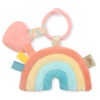 Colorful baby teething toy designed as an Itzy Ritzy - Itzy Pal - Plush Pal Infant Toy with attached silicone teether and fabric tags, isolated on a white background.