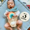 Baby lying on a playmat, holding an Itzy Ritzy - Itzy Pal - Plush Pal Infant Toy with Silicone Teether, next to a "3 months" milestone sign.