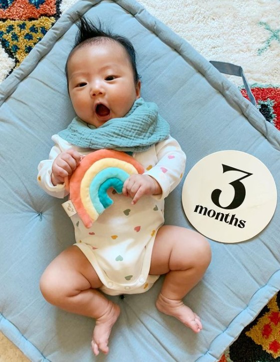 Baby lying on a playmat, holding an Itzy Ritzy - Itzy Pal - Plush Pal Infant Toy with Silicone Teether, next to a "3 months" milestone sign.