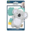 Packaged "Itzy Ritzy - Itzy Pal" baby teething toy featuring a plush gray koala with silicone teether and textured ribbons, displayed in a blue carded package with a baby's image.