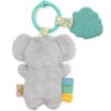 A Itzy Ritzy - Itzy Pal - Plush Pal Infant Toy with Silicone Teether with a teal teething ring and assorted colorful ribbon tags, isolated on a white background.