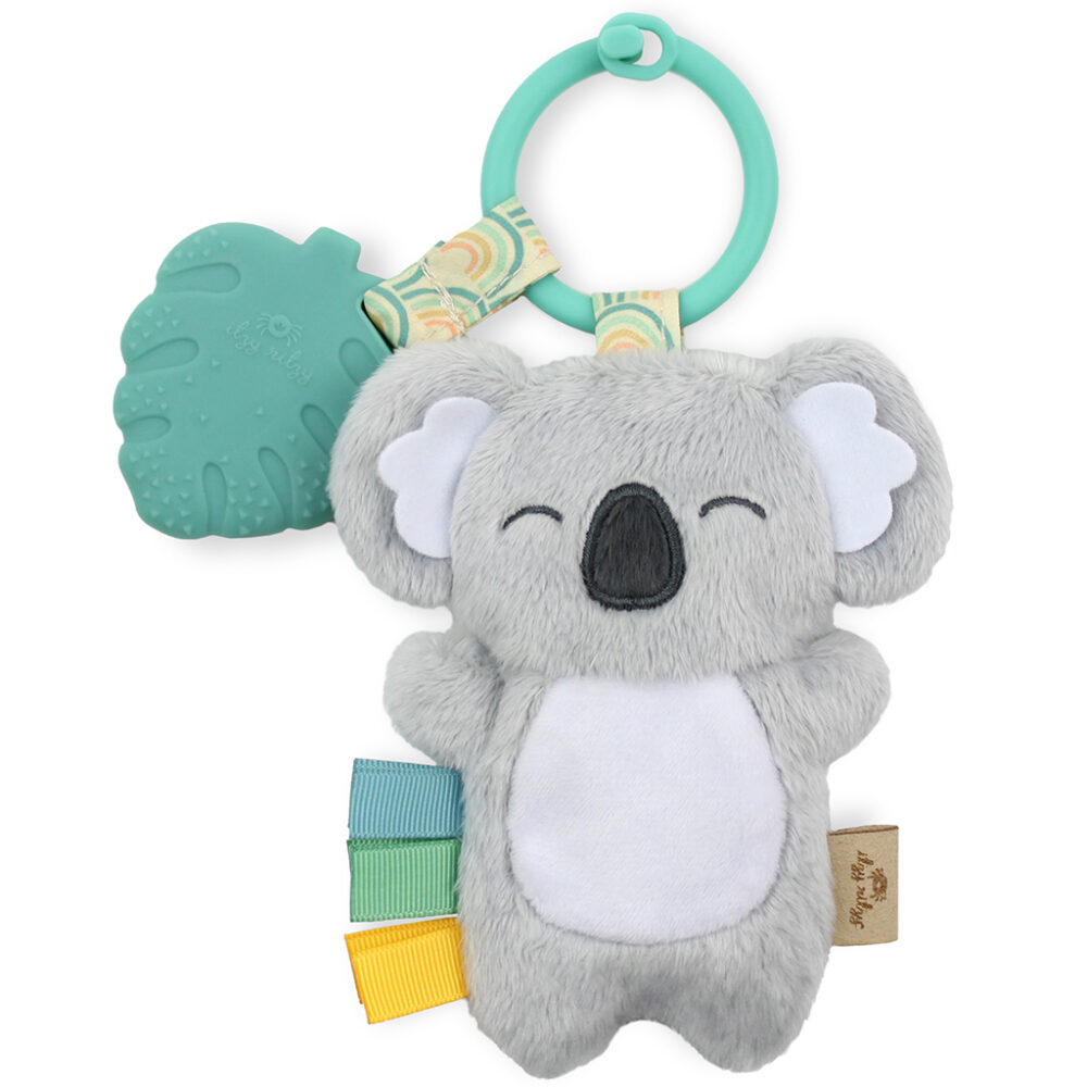 Itzy Ritzy - Itzy Pal - Plush Pal Infant Toy with Silicone Teether with attached teething ring and crinkle leaf, featuring various textures and a clip for attachment.