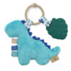 A blue dinosaur-shaped Itzy Ritzy - Itzy Pal - Plush Pal Infant Toy with a silicone leaf, fabric tags, and a wooden ring on a white background.