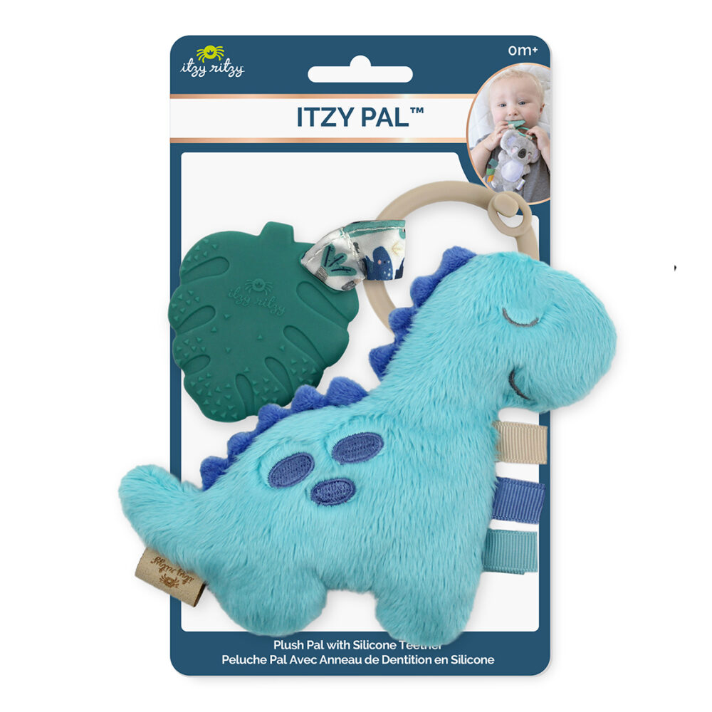 Packaged Itzy Ritzy - Itzy Pal plush blue dinosaur toy with silicone teether and strap, displayed next to an image of a baby using the teether.