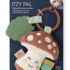 Packaged Itzy Ritzy - Itzy Pal - Plush Pal infant toy shaped like a smiling mushroom with attached silicone teether and fabric tags, displayed on a blue card with an image of a baby.