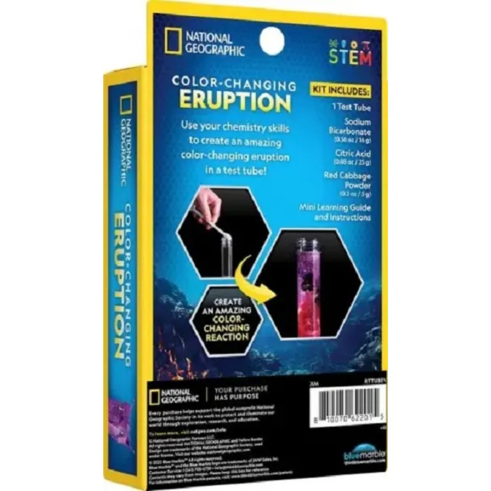 National Geographic Color Changing Eruption Chemistry Kit Fizzle Foam Underwater Eruption STEM NGEO Boy Girl Educational box displaying included items: test tube, sodium bicarbonate, citric acid, red cabbage powder, and a mini learning guide.