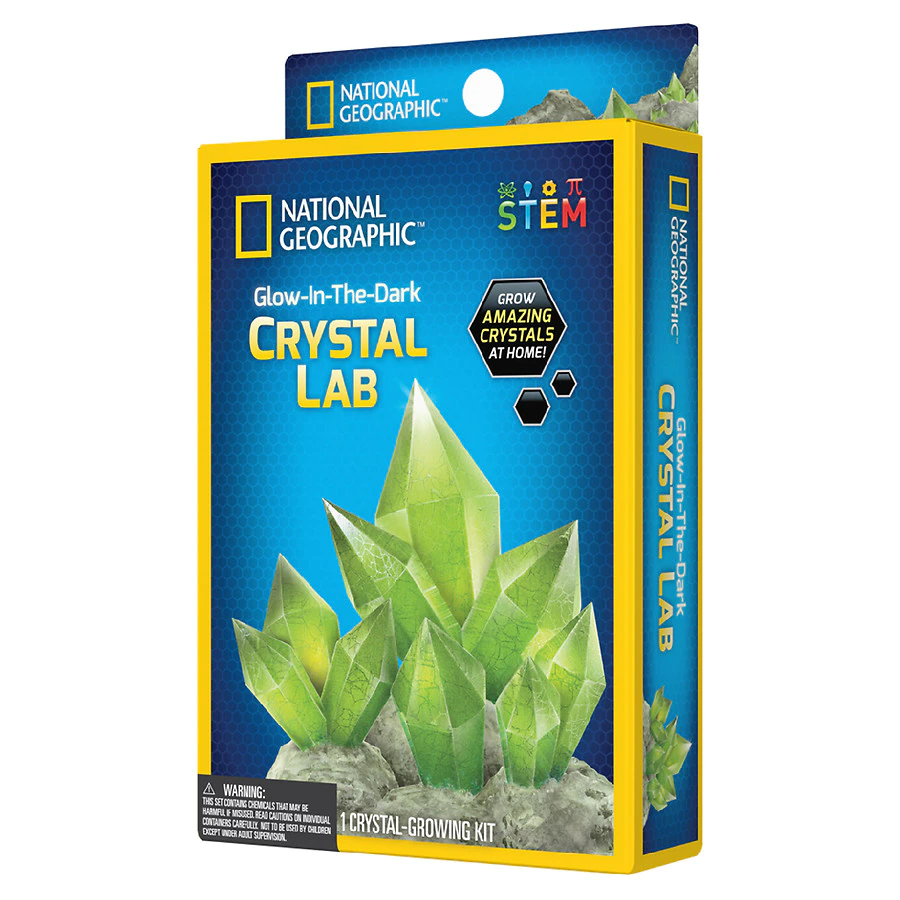 National Geographic Glow In The Dark Crystal Lab Growing Kit Educational STEM Science Boy Girl Unisex box showing green crystals, featuring a STEM badge and phrases like 'Grow Amazing Crystals At Home' and 'Crystal-Growing Kit.'.