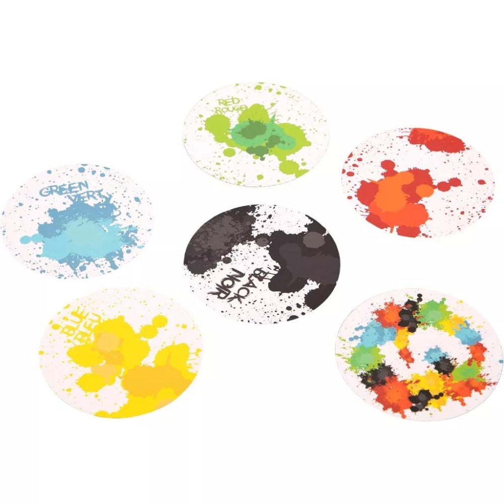 Six mats with a colorful design featuring splatters of green, red, black, blue, yellow, and a multi-colored pattern on a white background from the Pressman Color Smash Family Card Game.