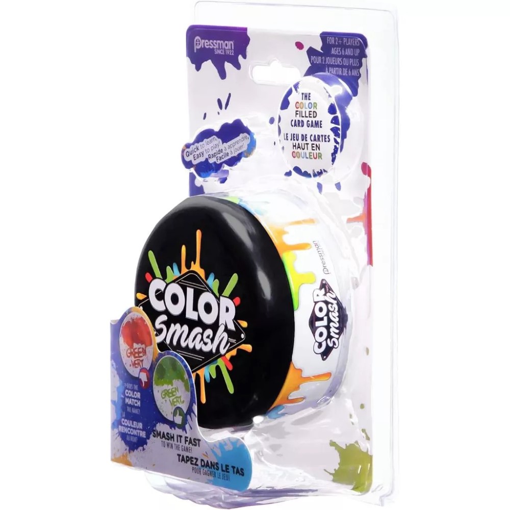 Image of the Pressman Color Smash Family Card Game packaging. The predominantly white box is adorned with vibrant paint splashes and features a black game disc labeled "Color Smash" prominently in the front center.