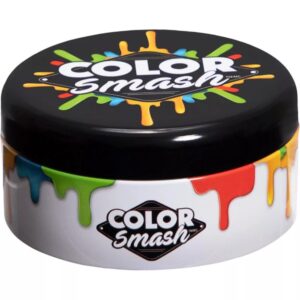 A round tin container labeled "Pressman Color Smash Family Card Game," adorned with colorful paint splashes on the lid and sides.