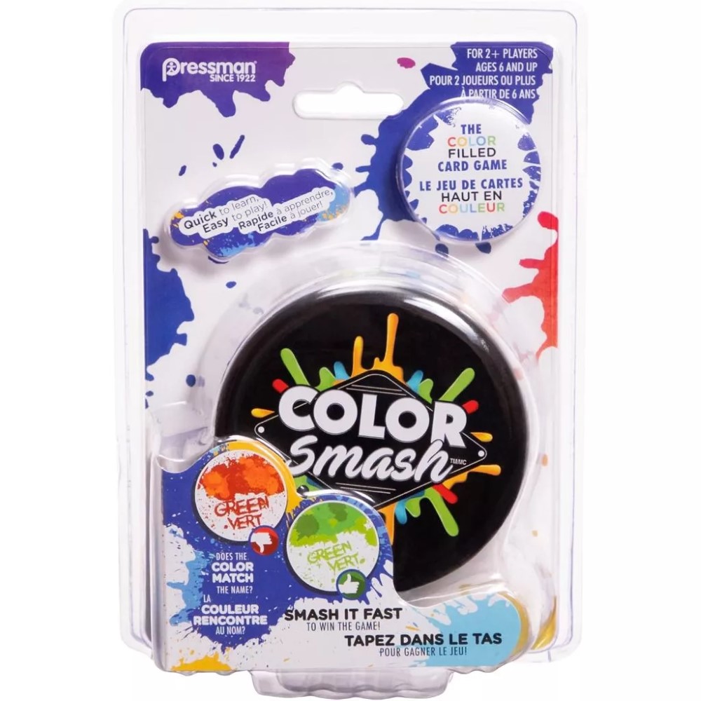 Packaging of "Pressman Color Smash Family Card Game", designed for 2 or more players aged 6 and up. The packaging showcases vibrant splashes of color and includes a round, black game component.